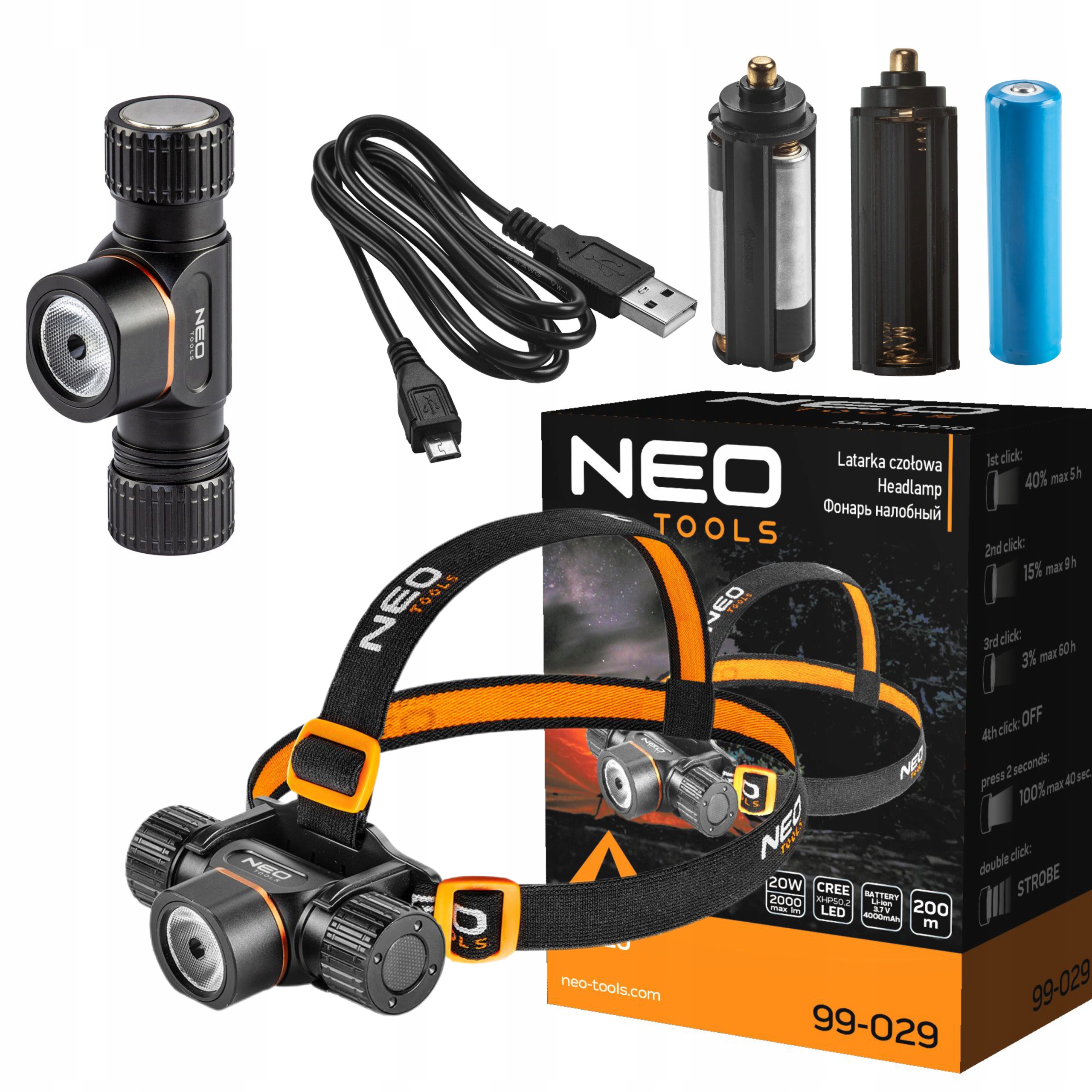 

Neo 99-029 Latarka Czołowa Aku/bat Usb 2000LM Led