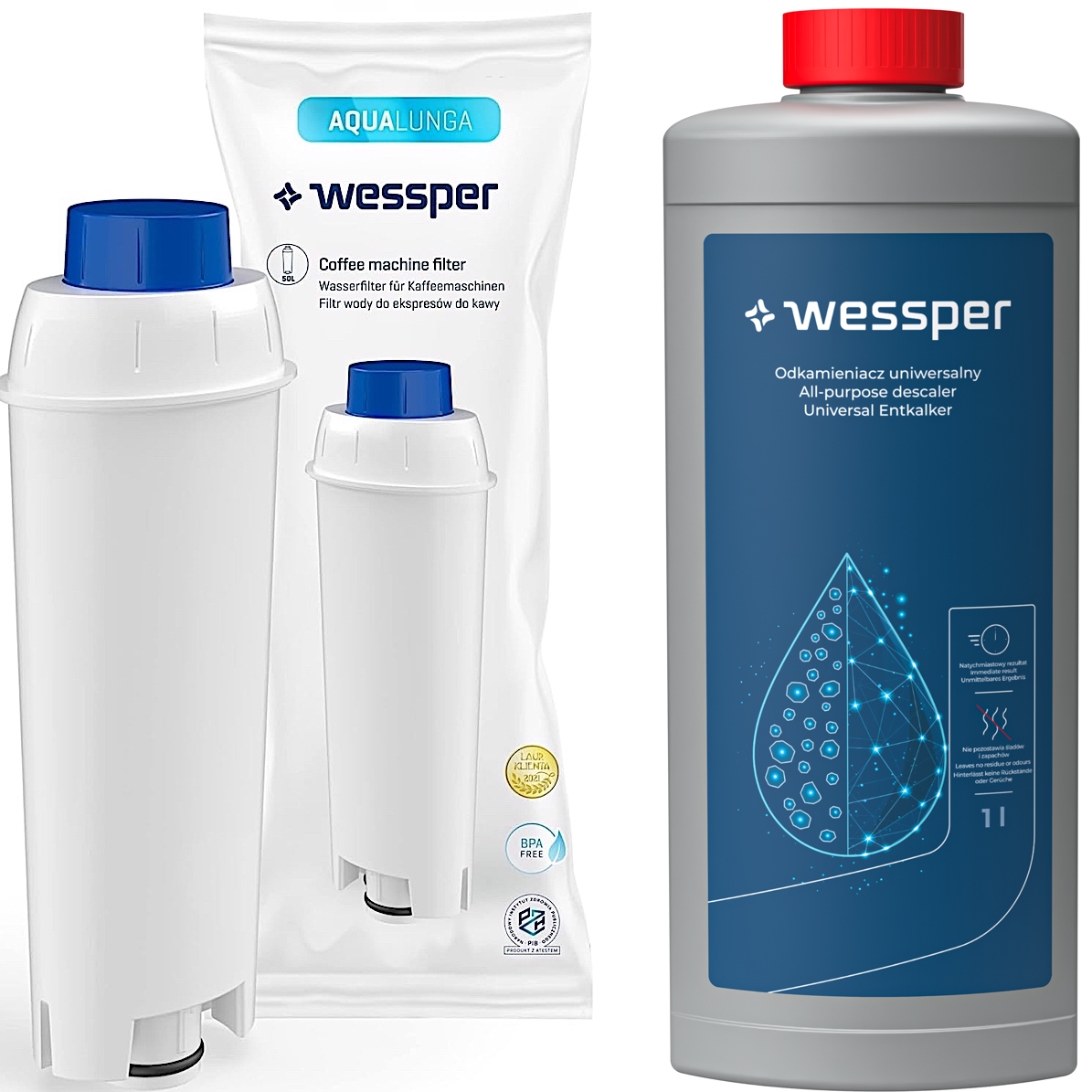 Levně Silný Odvápňovač 1000 ml 2x filtr Wessper AquaLunga pro kávovar DeLonghi