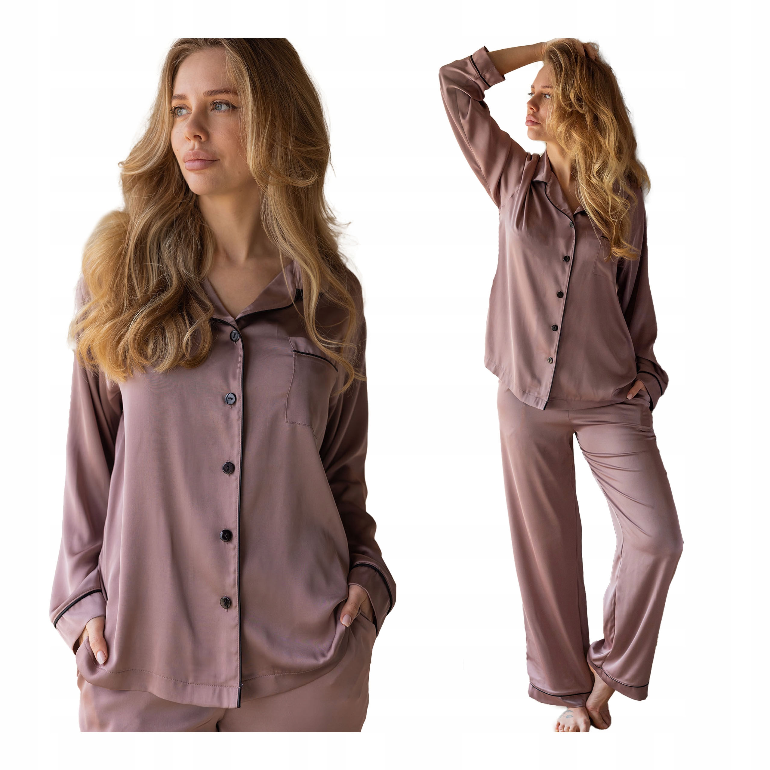 Dámské rozepínací pyžamo s dlouhým rukávem, dlouhé kalhoty, saténová růžová barva Kleo, velikost XL