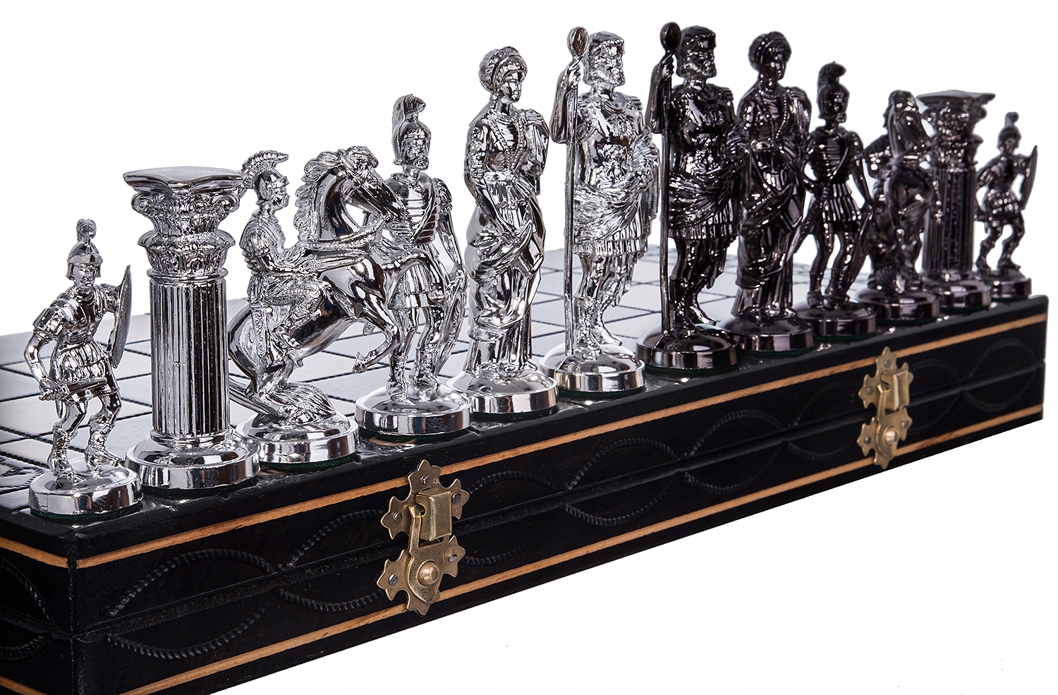 SZACHY RZYMSKIE DREWNIANE SREBRNO-CZARNE DUŻE 42cm Stan opakowania oryginalne