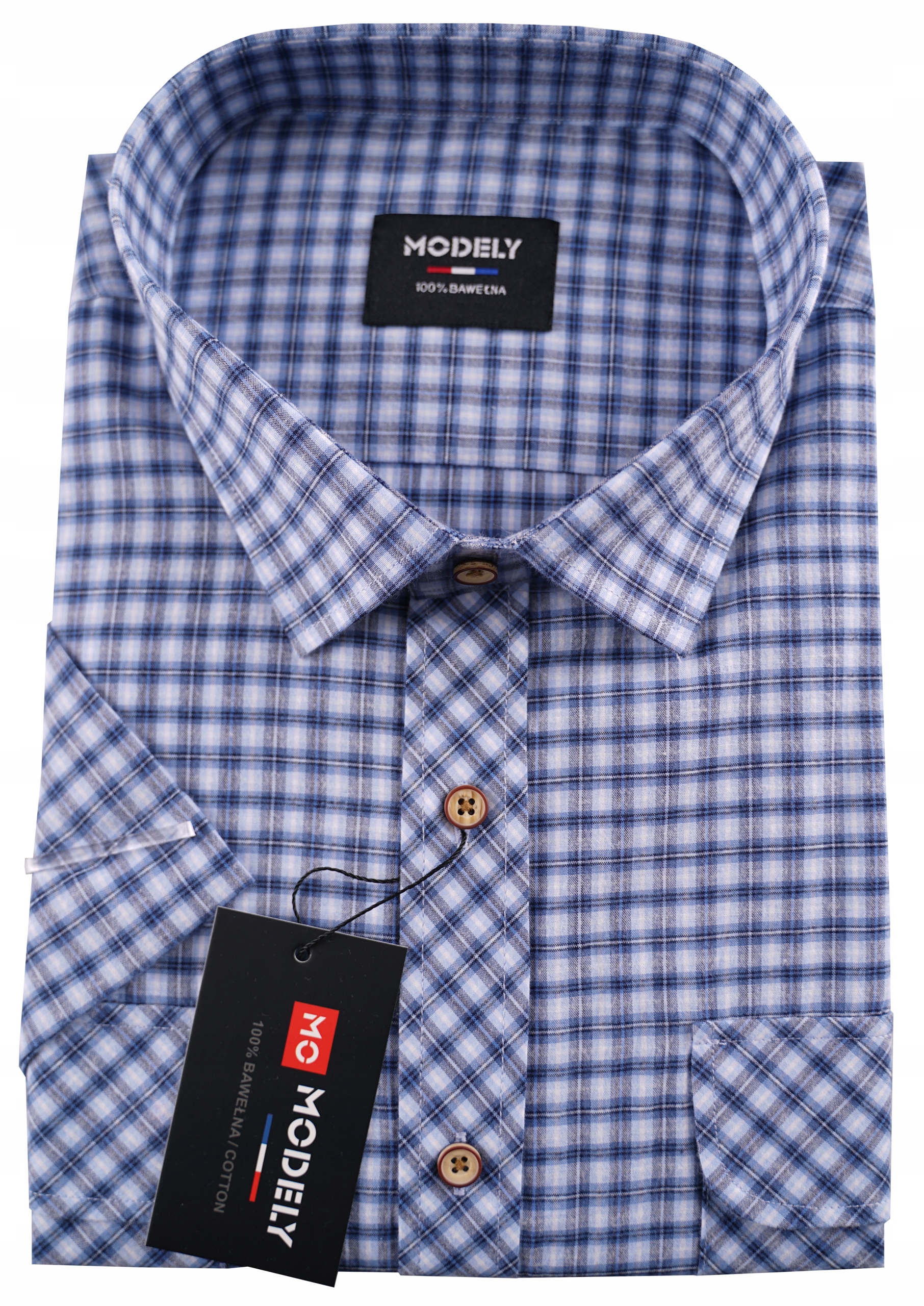 Koszula męska niebieska w kratę krótki rękaw bawełniana kieszenie 7XL 53/54