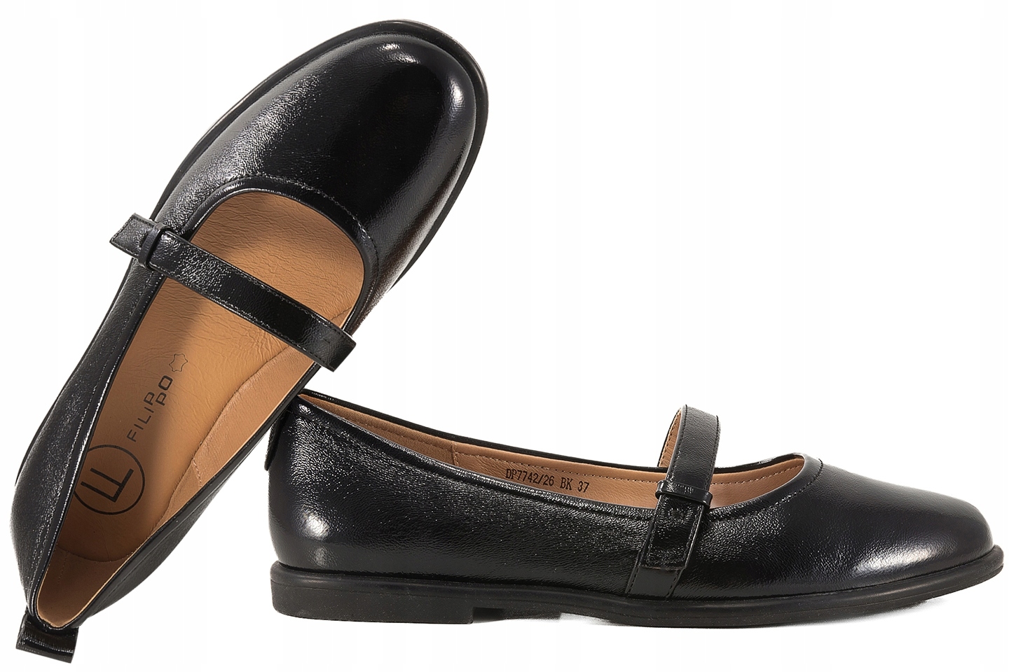 Filippo DP7742 Baleriny Skórzane Damskie Półbuty Lakierki czarne Czarny 37