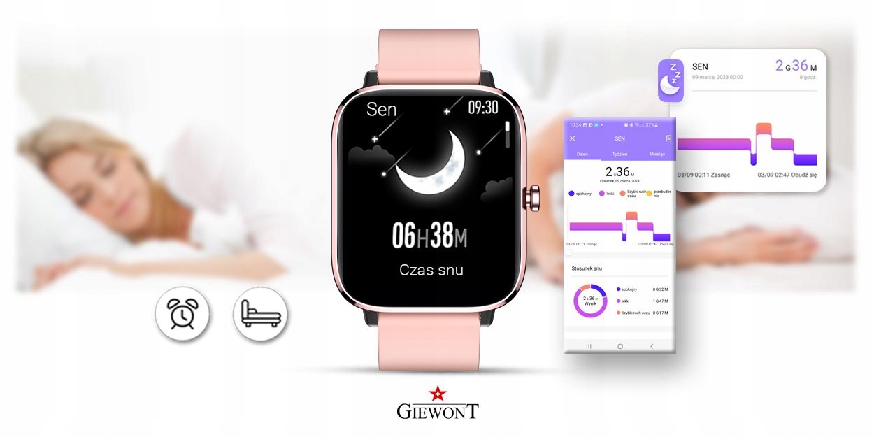 Smartwatch Giewont GW230-1 Różowe Złoto-Różowy Wysokość koperty 44 mm