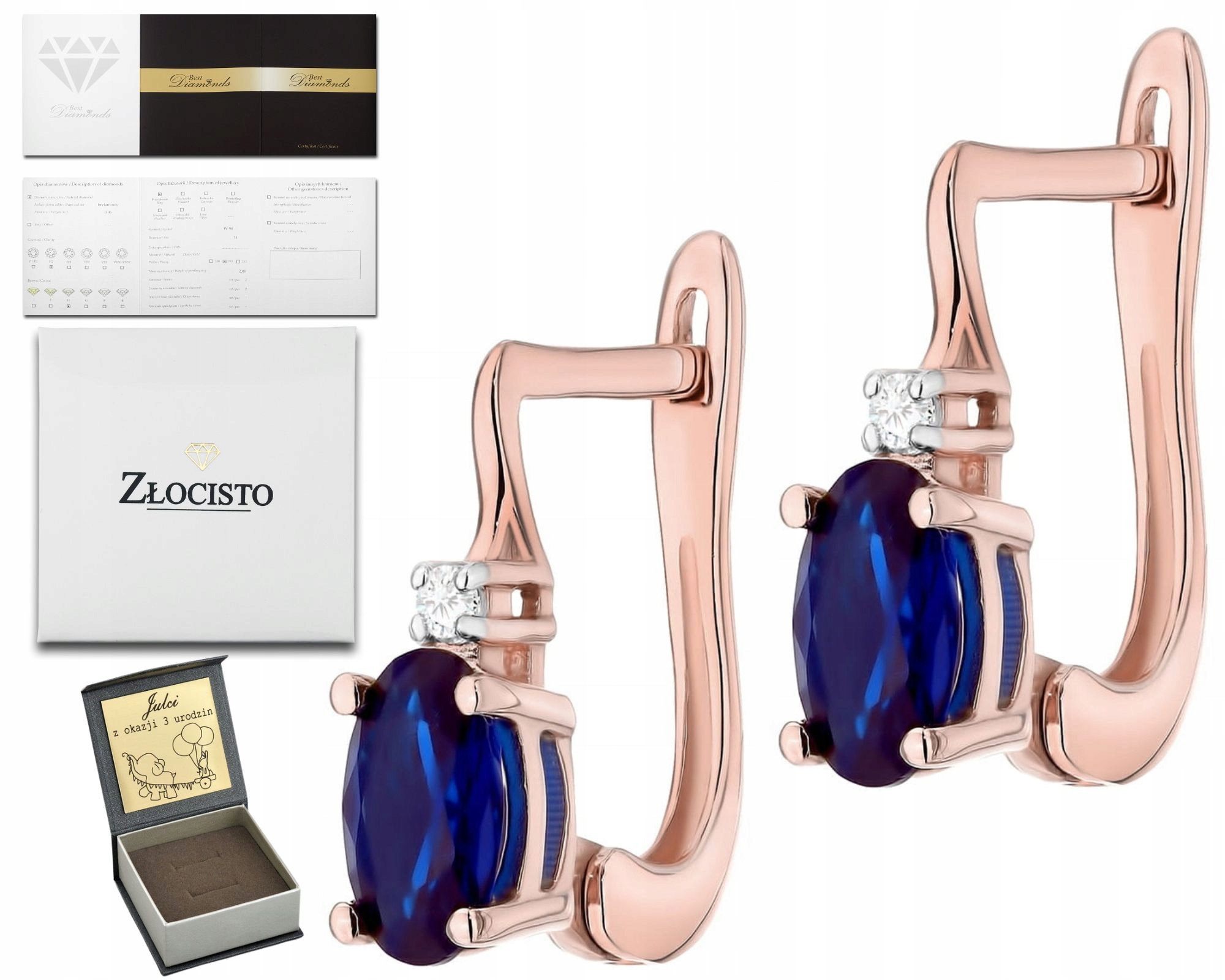 Náušnice S Diamantem A Safírem Zlato 585