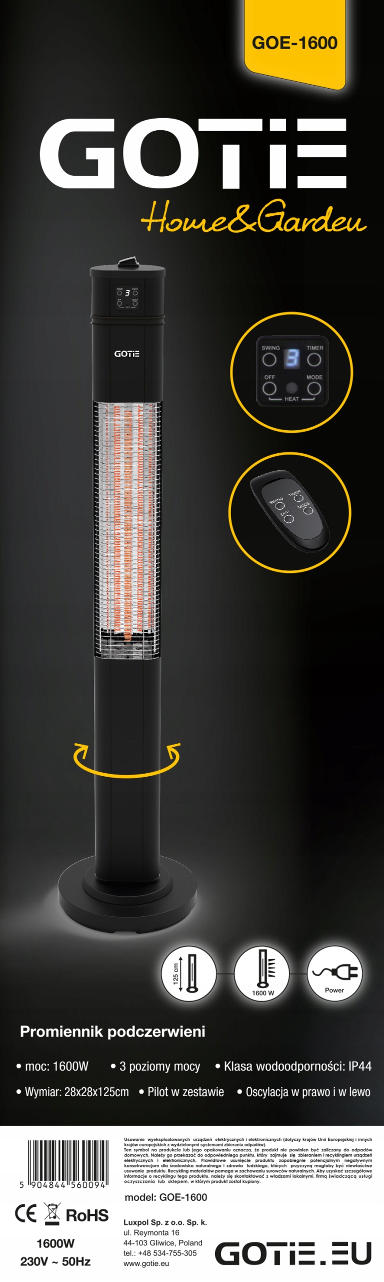 Tarasowy Promiennik Podczerwieni z OSCYLACJĄ Moc 1600 W