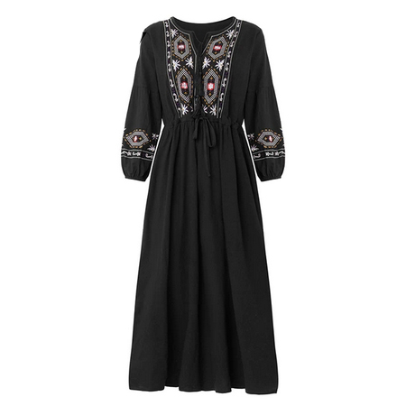 

Sukienka Haftowana Boho Etno Bawełniana Czarna