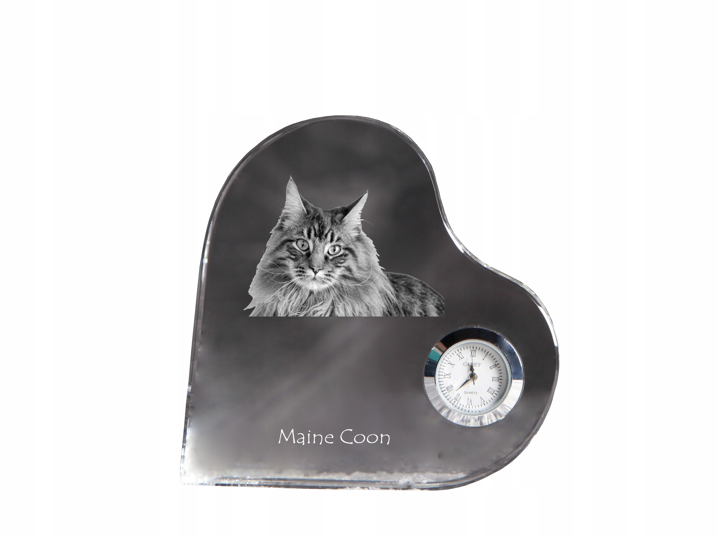 Maine Coon – krištáľový hodinový strojček v tvare srdca s vašou fotografiou