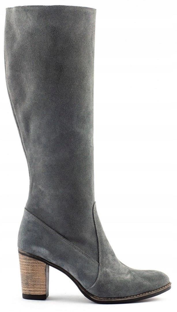 Kozačky na podpatku ke kolenům, šedá přírodní kůže, nubuk, polský výrobek, velikost 41