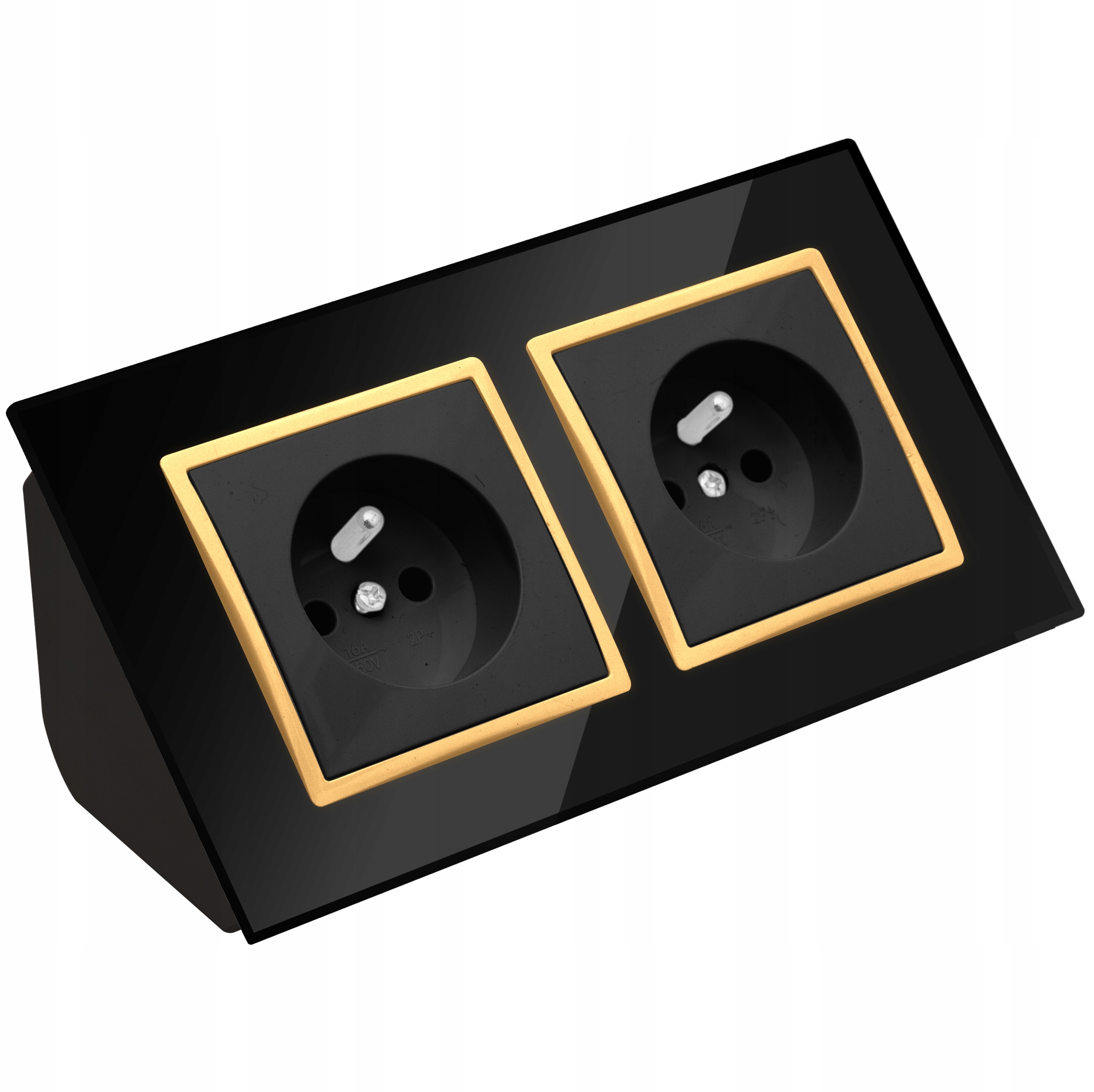Gniazdo Podwójne Szklane Meblowe Narożne Blatowe Biurkowe Czarne Złote