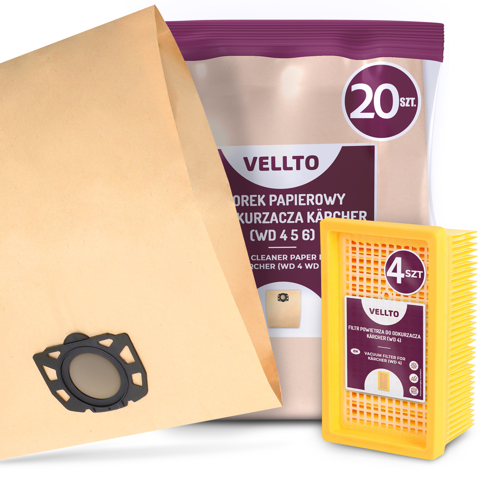 20 x Sáček do vysavače Kärcher WD4 WD5 WD6 MV4 MV5 MV6 4x Vzduchový filtr E3