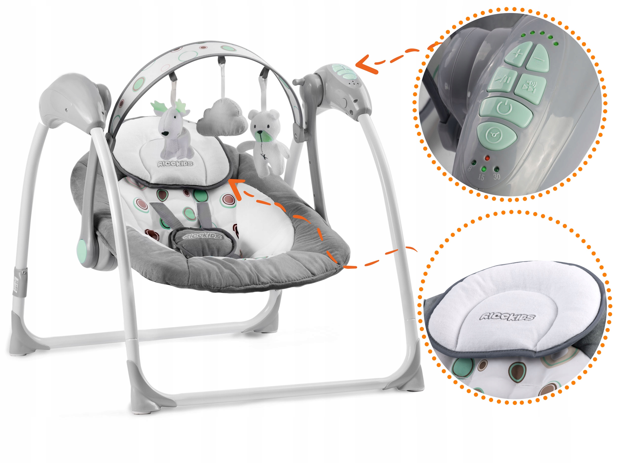 LEŻACZEK BUJACZEK AUTOMATYCZNY ELEKTRYCZNY HUŚTAWKA KOŁYSKA MUZYKA MELODIE Szerokość produktu 56 cm