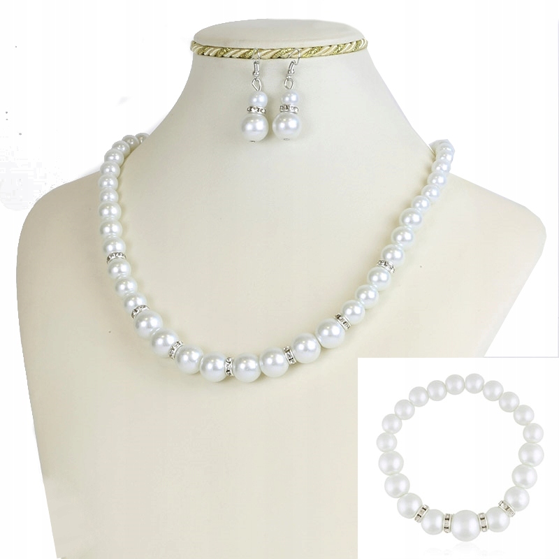 

Komplet 3 Cżęściowy Białe Perły Cyrkonie