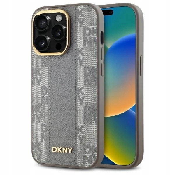 Pouzdro Dkny Leather Checkered Mono Pattern MagSafe pro iPhone 14 Pro béžové