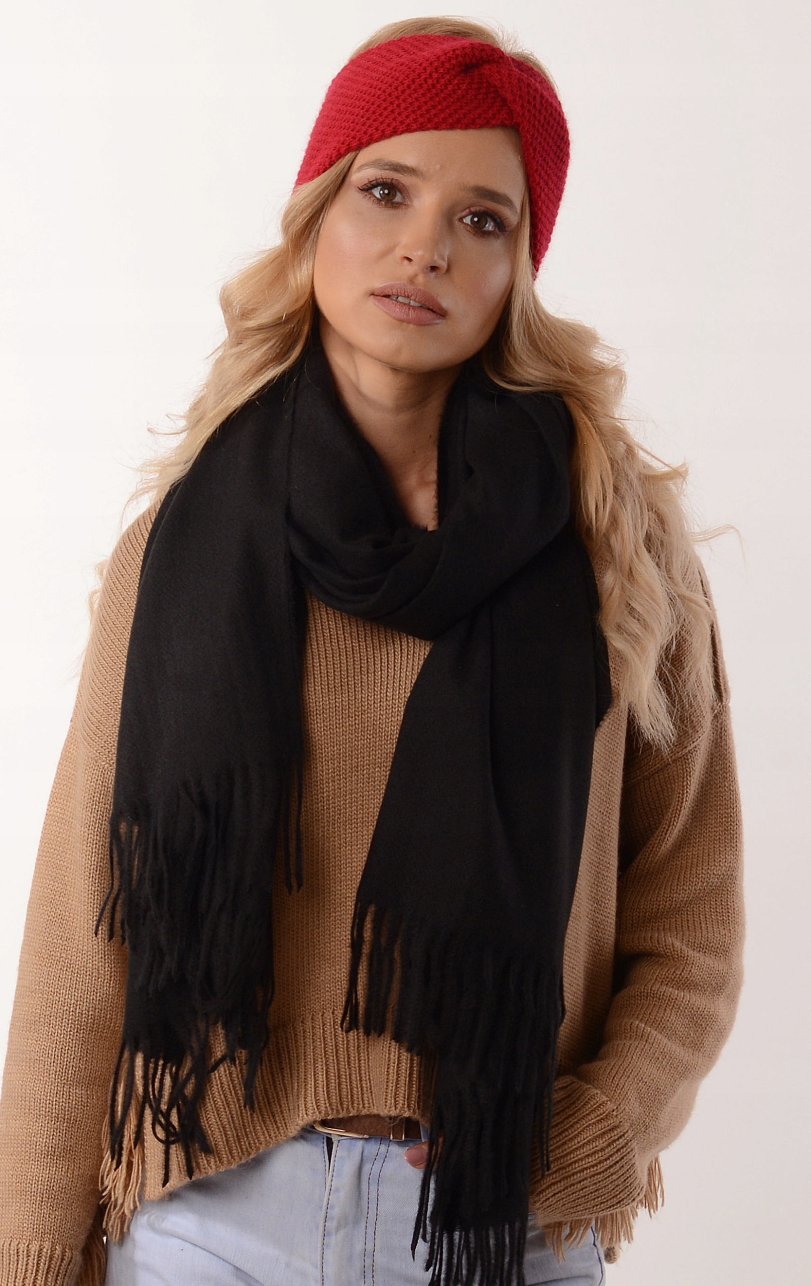 Czerwona ciepła opaska damska węzeł O3 Wzór dominujący inny wzór