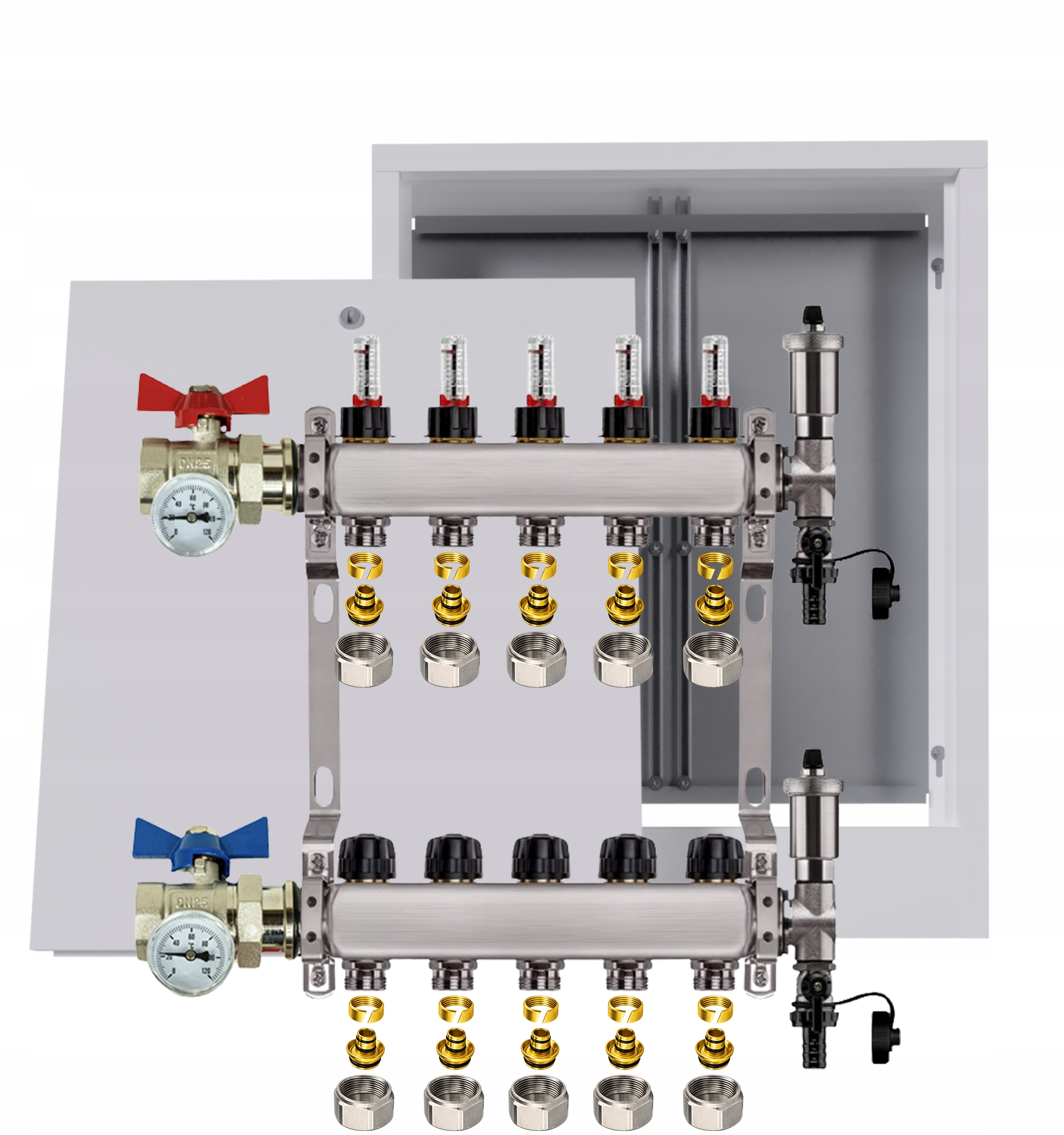 Nerezový rozdělovač podlahy 5 okruhů box ventily Pex