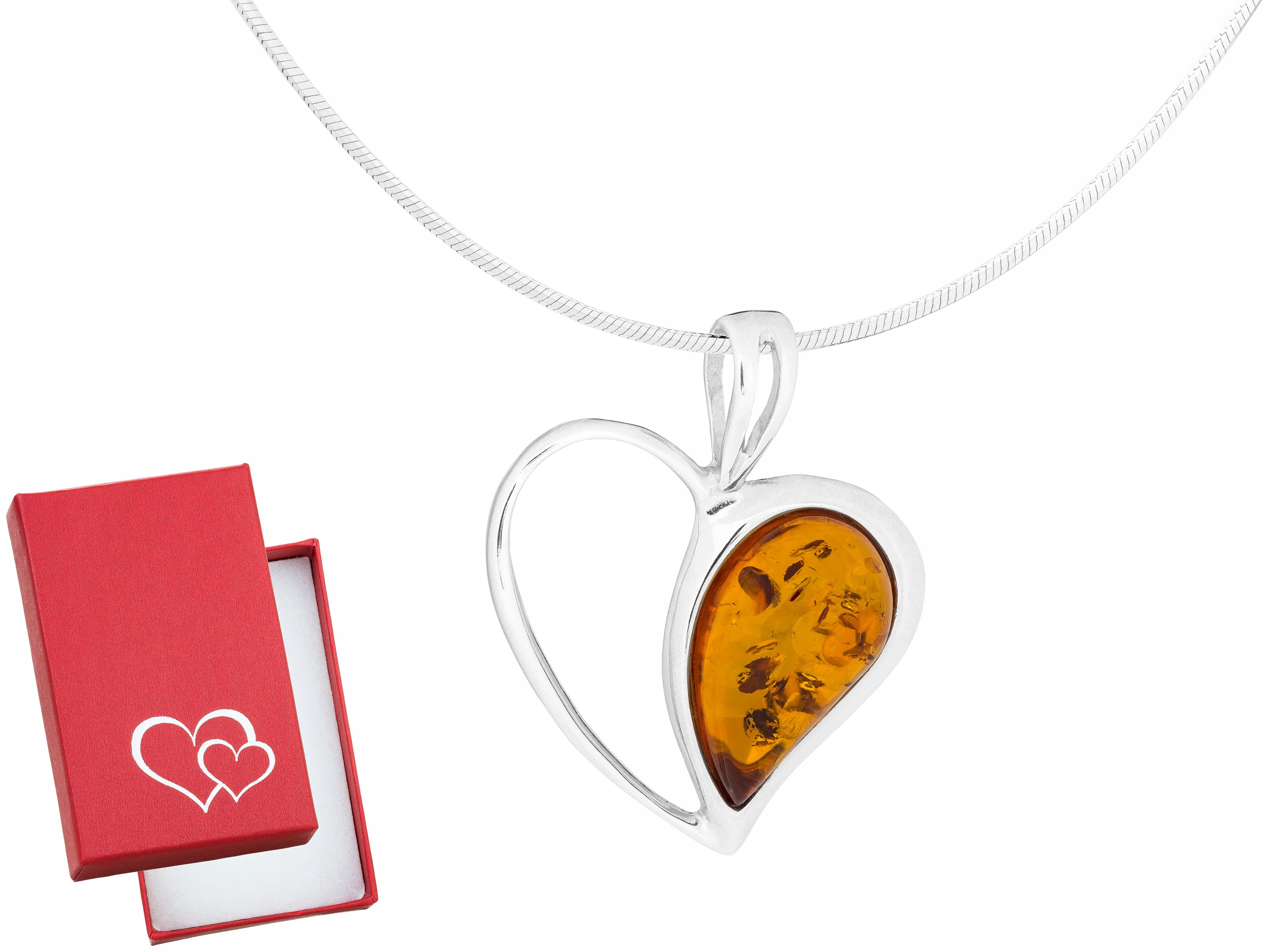 Dlouhý stříbrný dámský náhrdelník Srdce s jantarem Srdíčko Stříbro 90 cm