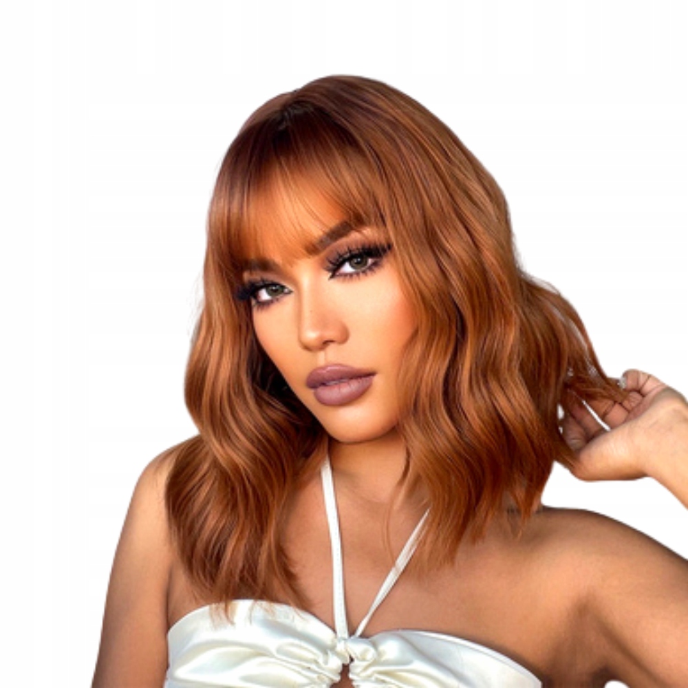 Peruka jak naturalna włosy syntetyczne ruda miedź fale bob LC031