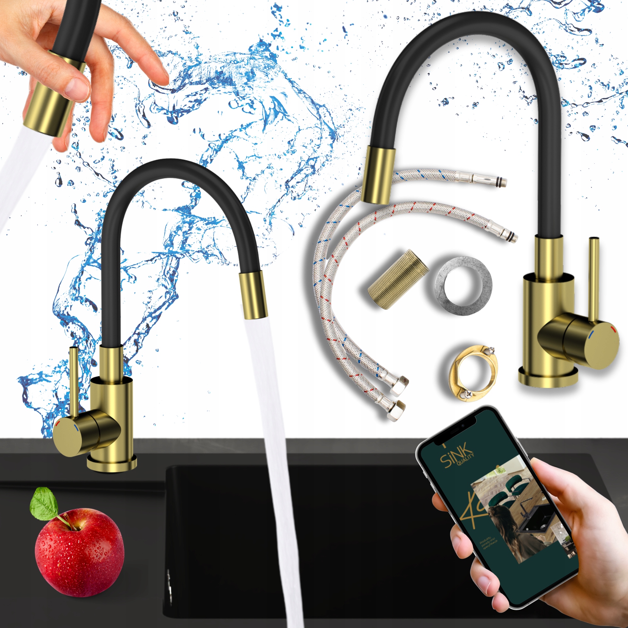 Bateria Kuchenna elastyczna Wylewka złota Kran do Zlewu zlewozmywaka 7w1