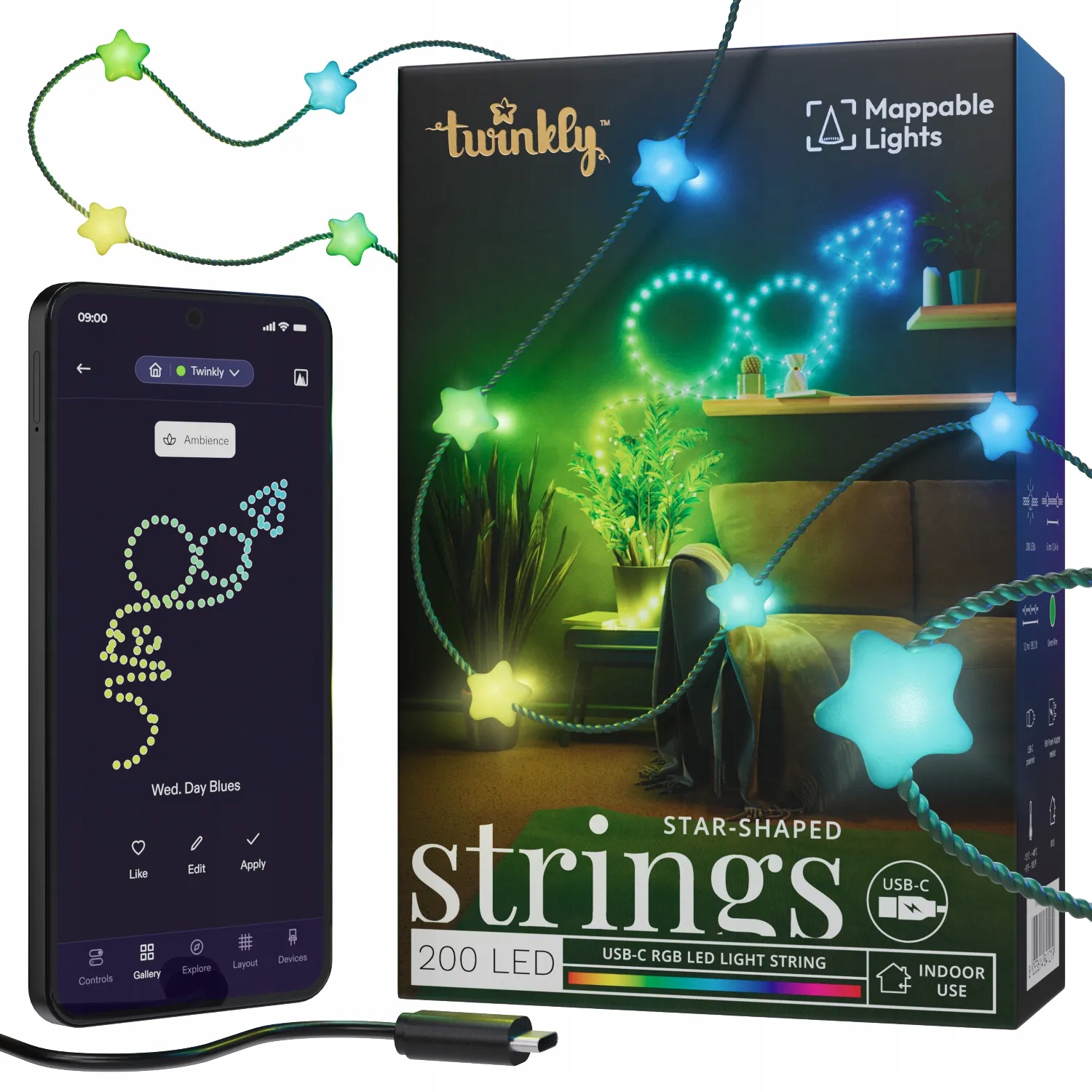 Vianočné osvetlenie na stromček Twinkly Strings Usb-c 200 Led, hviezdy, 12 m, zelené opletenie