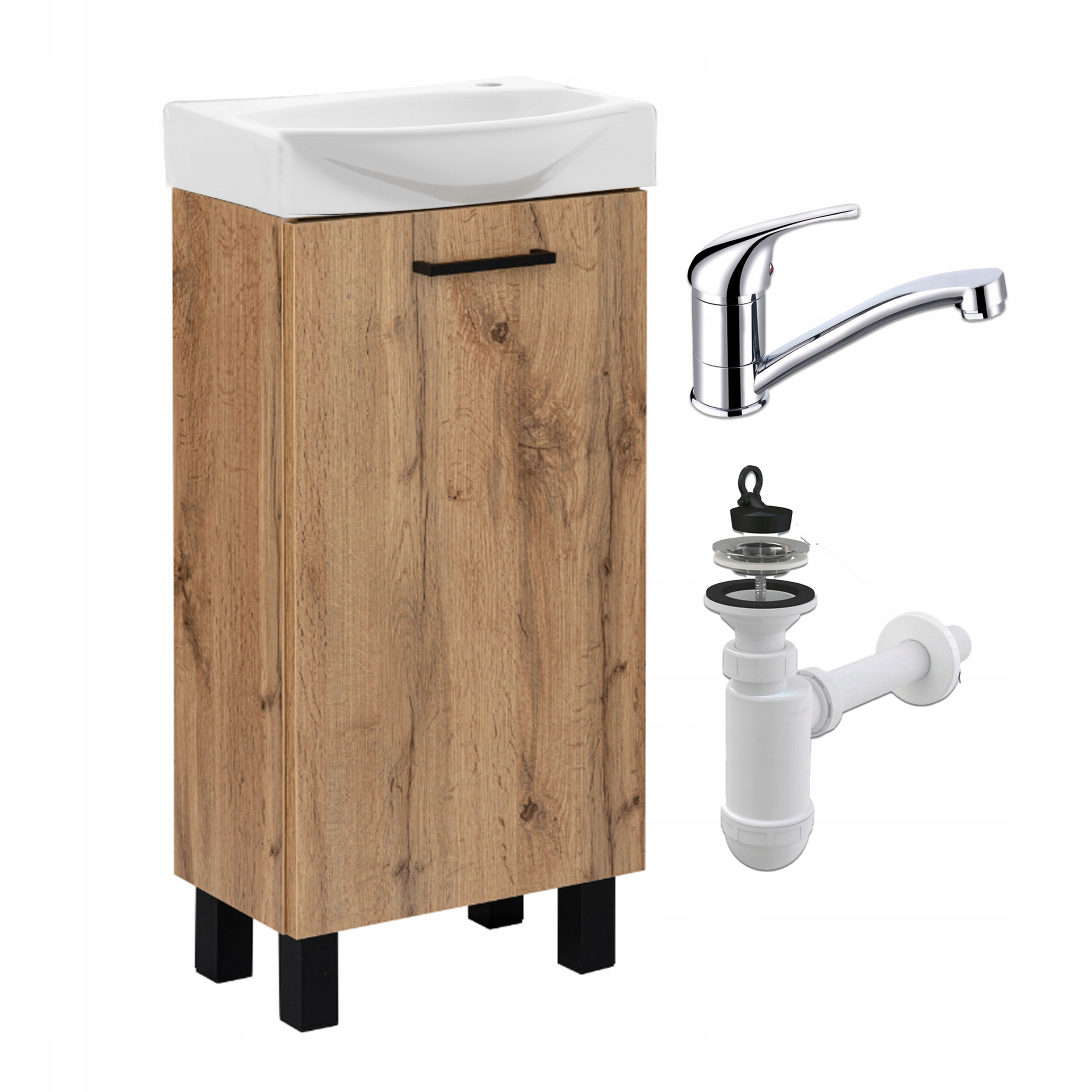 Zestaw Szafka z Umywalką 40 cm Stojąca Dąb Craft Bateria Obrotowa Syfon