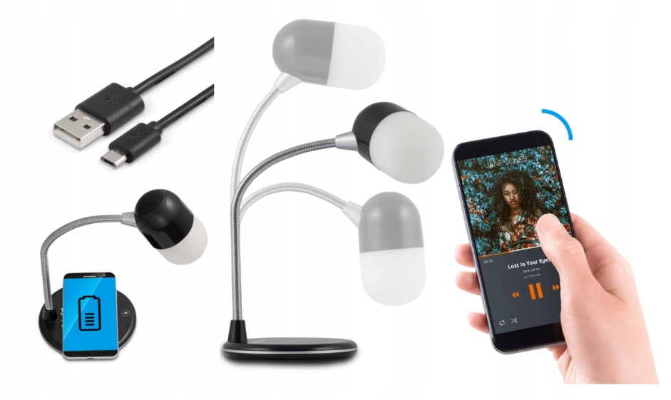 Stolní Led stolní lampa TechniSat Bluetooth reproduktor Nabíječka Qi Černá