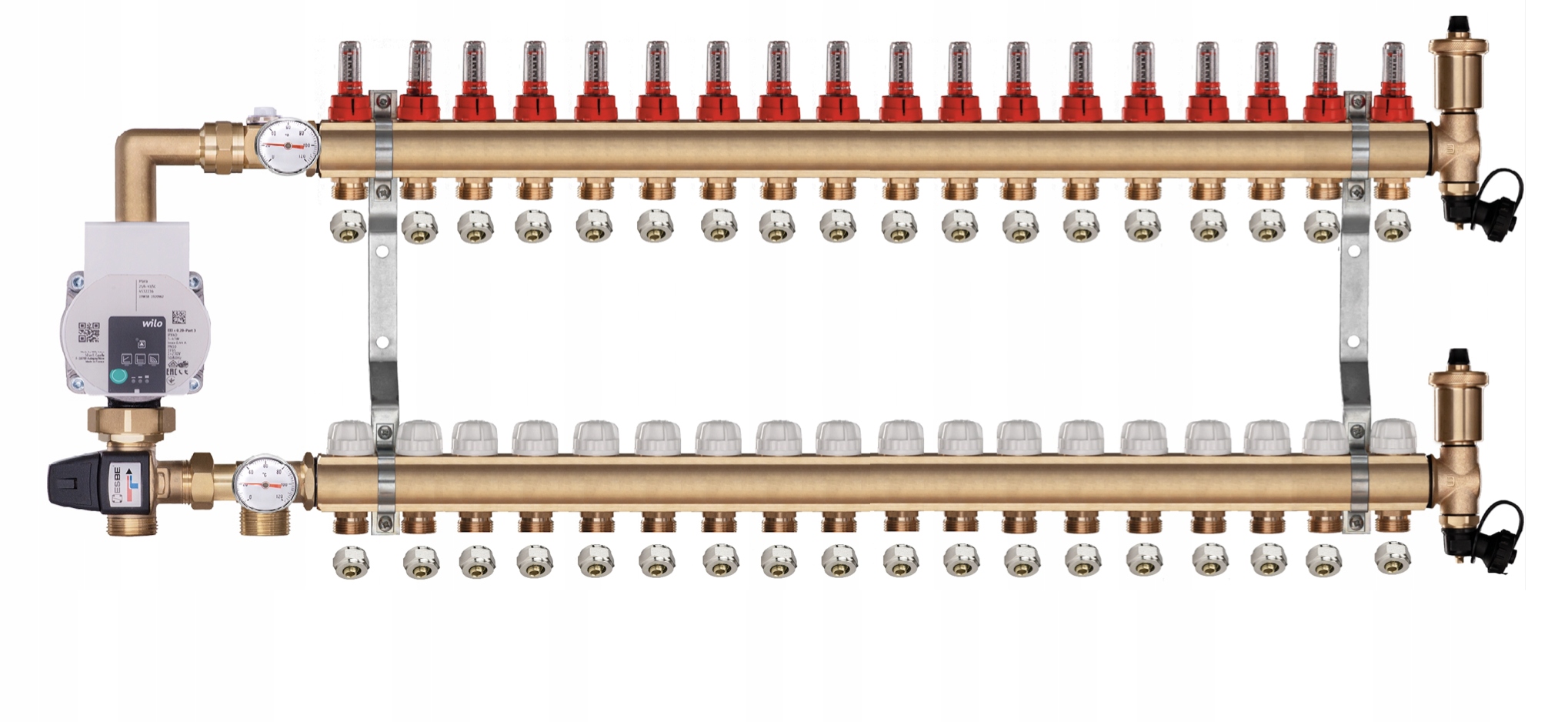 Mosazný rozdělovač pro podlahovku 18 s Pumpovou Skupinou Wilo Pex Spojky