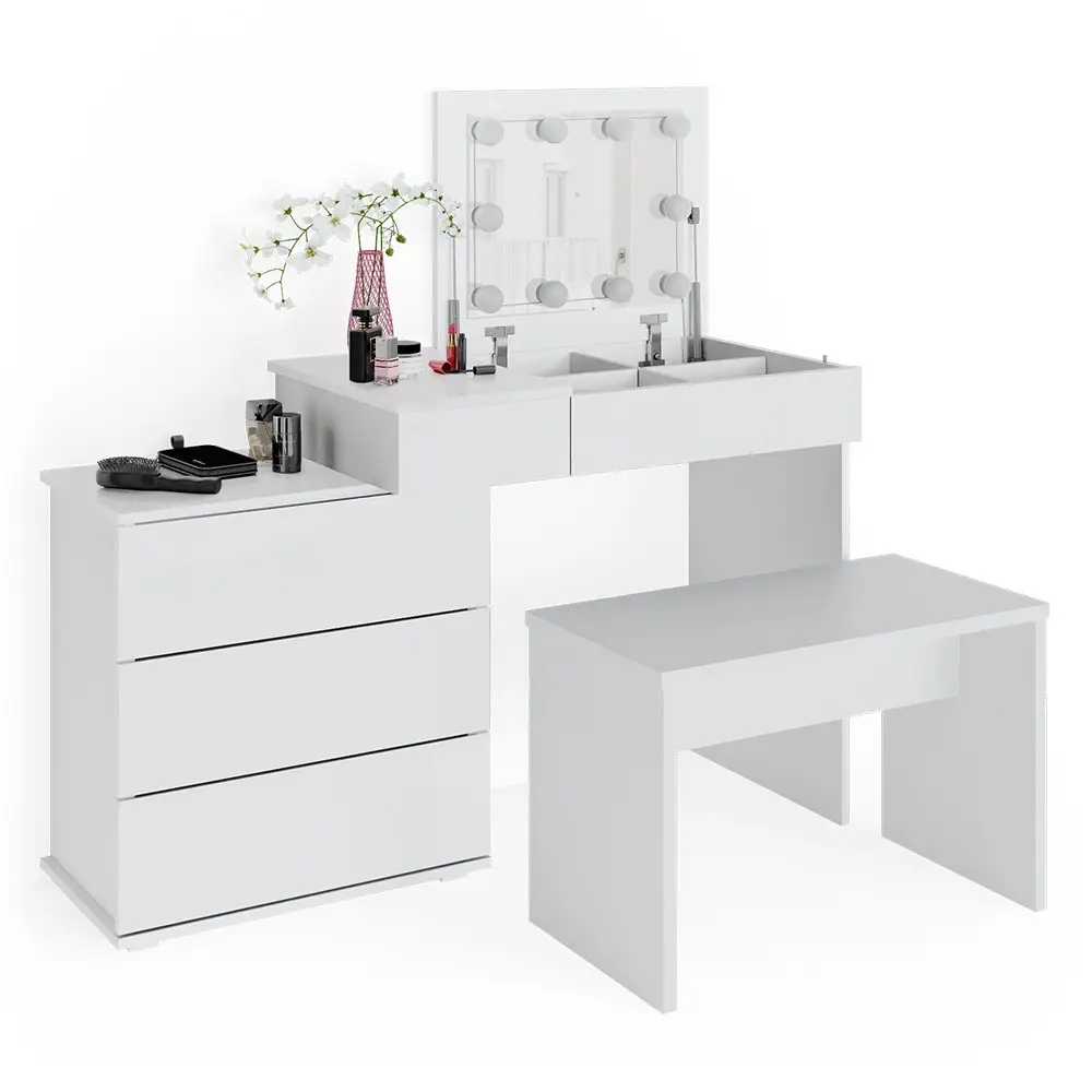 BIAŁA TOALETKA LOTOS Z ŁAWKĄ I OŚWIETLENIEM VICCO