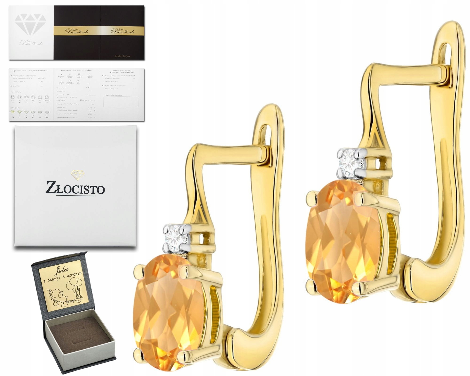 Moderní Zlaté Náušnice S Diamantem Přírodní Kámen Citron 585 Zlato