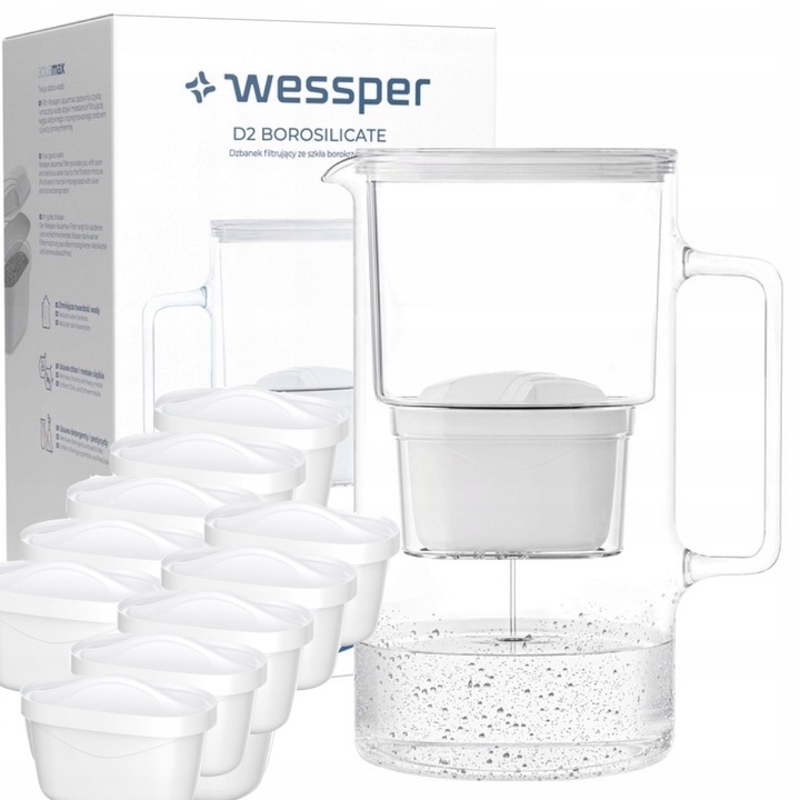 Dzbanek filtrujący szklany Wessper AquaMax 3l 10x Filtr do wody