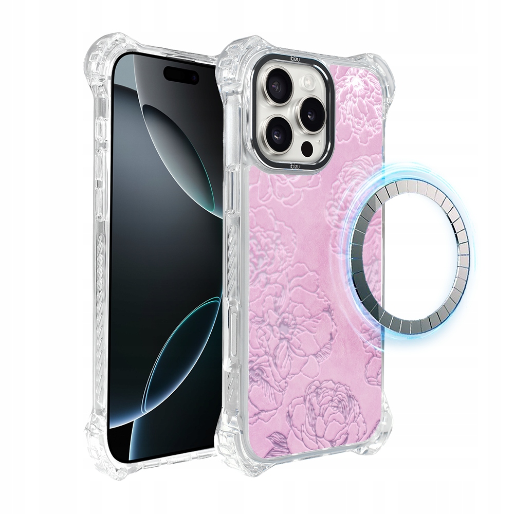 Pouzdro pro iPhone 16 Pro Ibizu DropGuard Ultra s MagSafe, růžové pivoňky