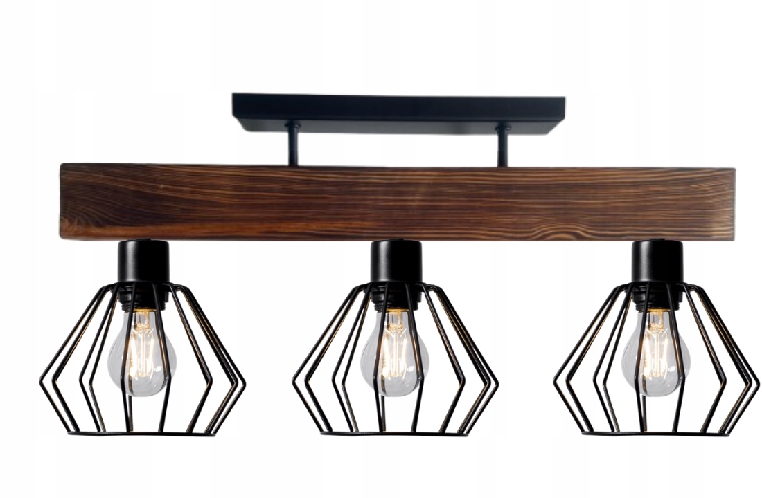 Lampa lustr robustní dřevo 3xE27 silná tyč 7x7 cm Loft Černá drátěnka