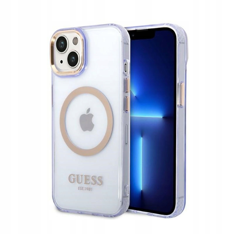 Guess Gold Outline Translucent MagSafe Puzdro na iPhone 14 (fialové)
