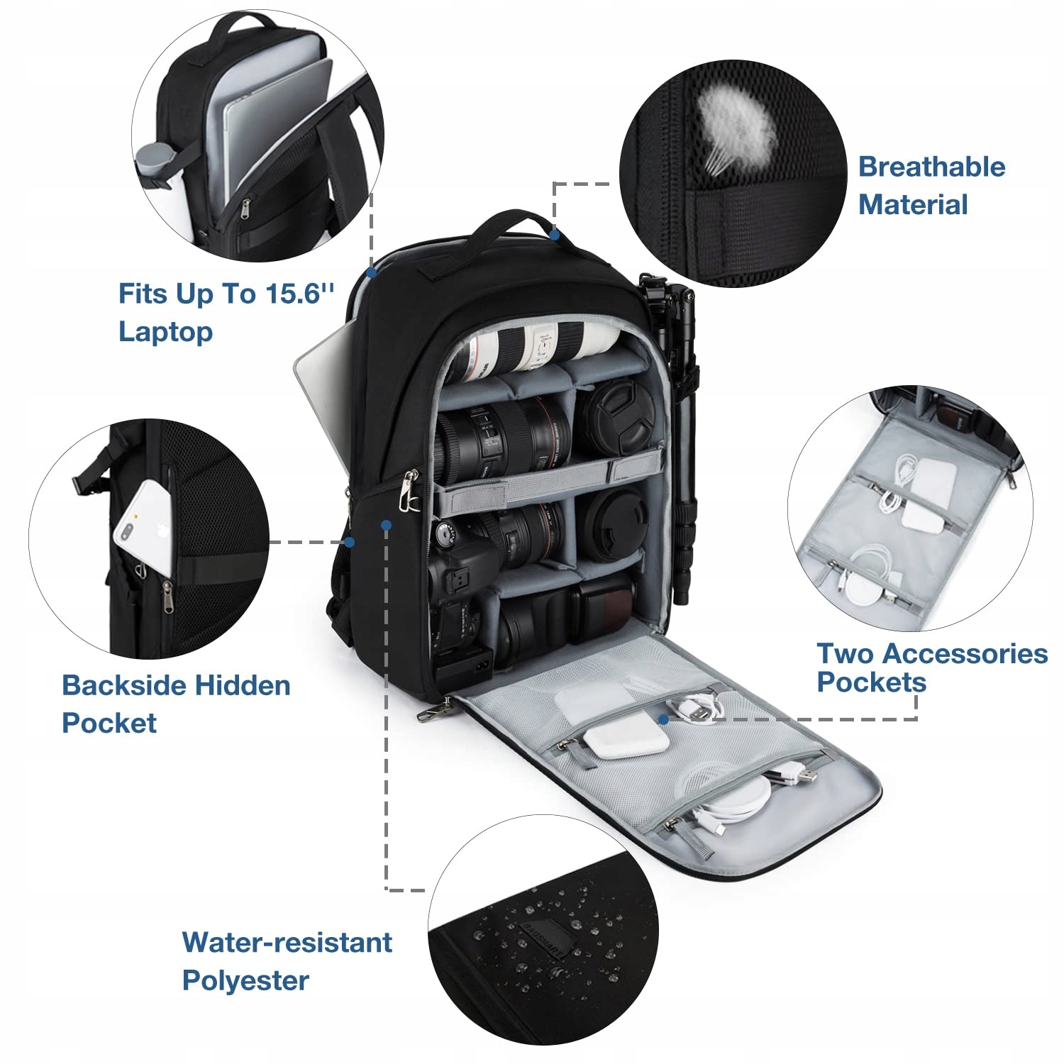 BAGSMART Plecak Na Aparat DSLR SLR Na Laptop 15,6 Cala Wodoodporny Czarny — miniatura 4