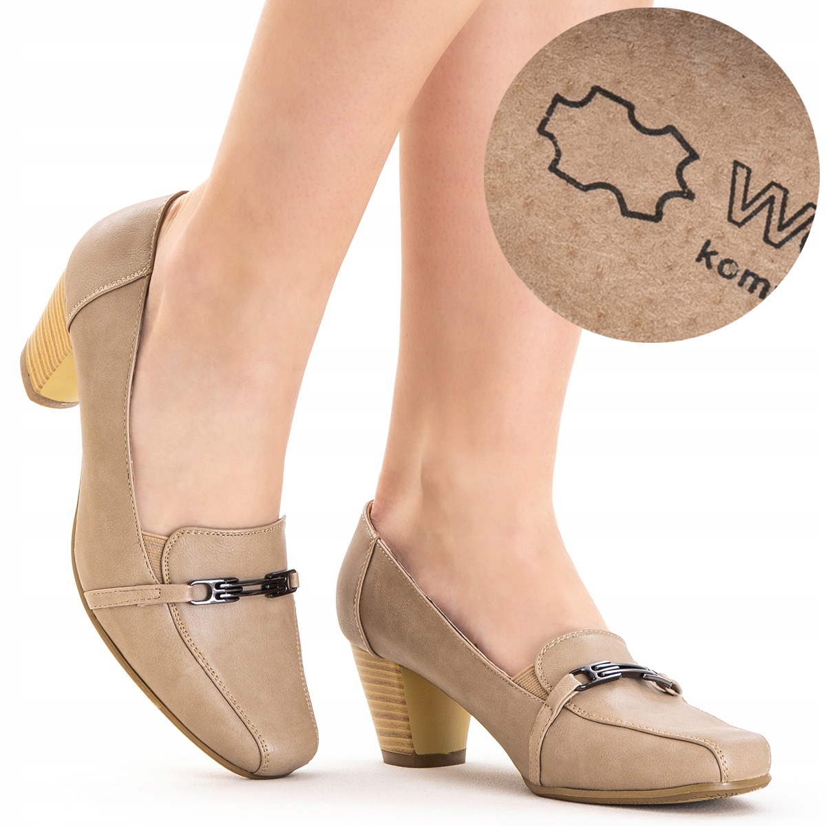 Czółenka na obcasie półbuty w.SKÓRA lekkie zgrabne beż Wojtyłko 39