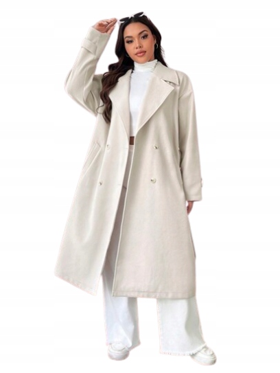 Shein Plus Size Dámský Béžový Kabát S Páskem 48 Lýtkový