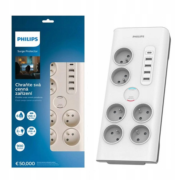 Prodlužovací Kabel Philips 6 Zásuvek 5 Usb Přepěťová Ochrana 2 M