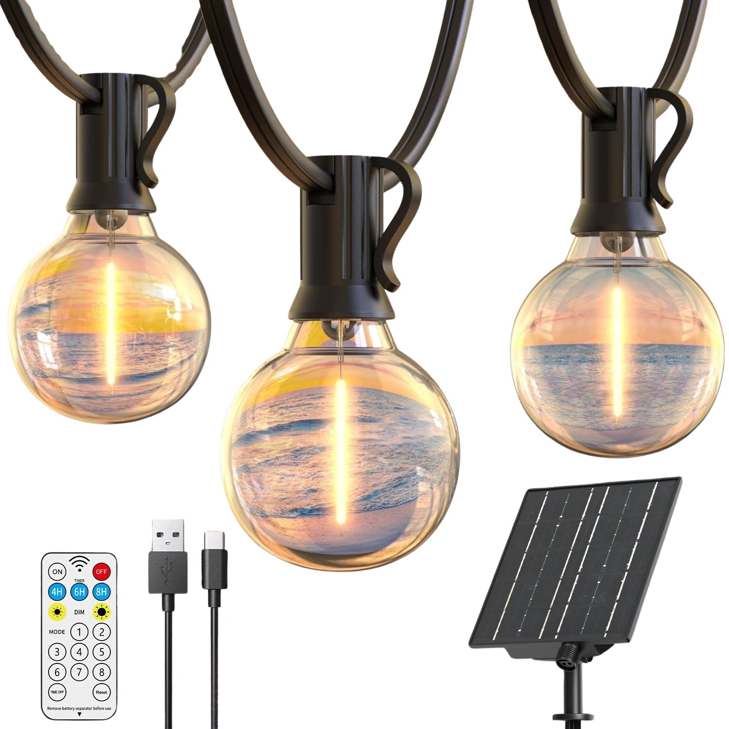 Solární Led Girlanda 19 M 25 Žárovek G40 Dálkový Ovladač Časovač Usb-c IP44