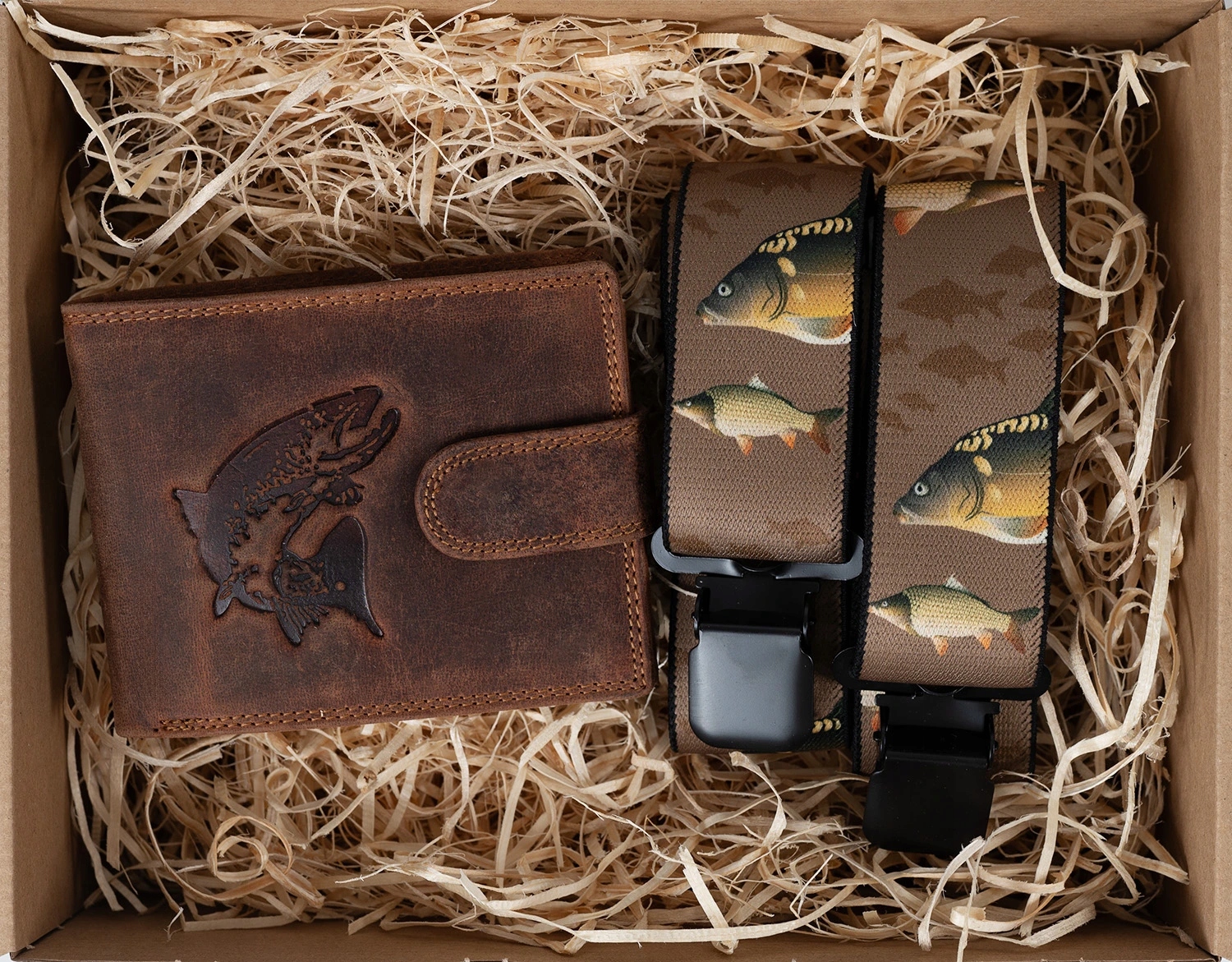 Dárkový set pro muže Kožená peněženka a kšandy Rybář Hnědá