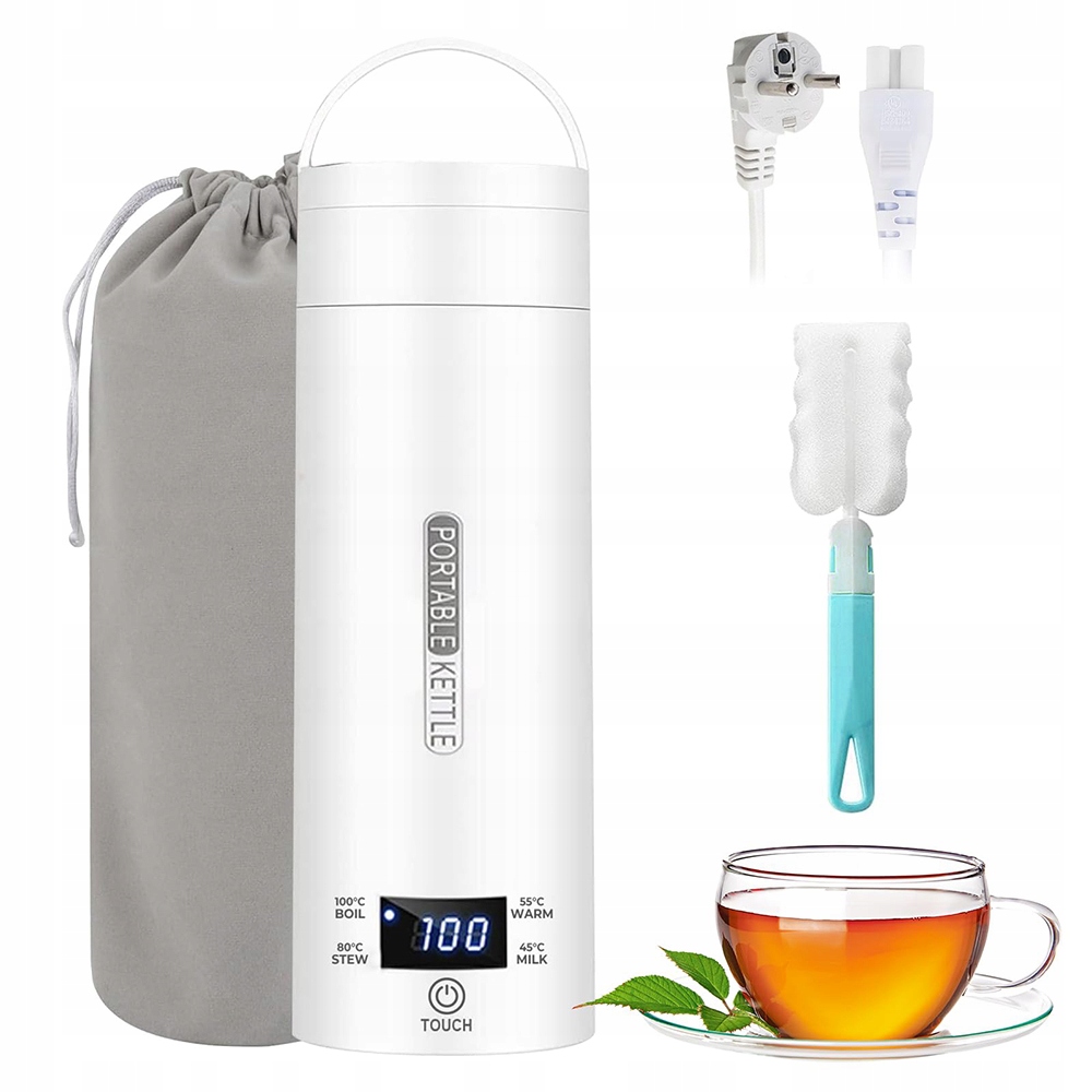 Lekki Mini Czajnik Termos Elektryczny Turystyczny Przenośny LCD 300W 450ML