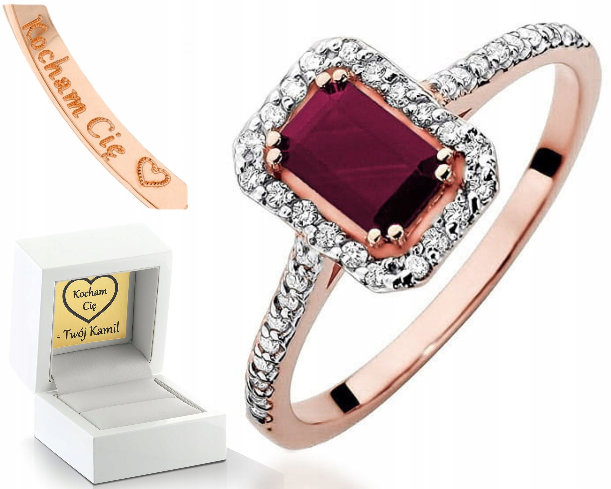 Růžové Zlato Prstýnek Rubín Brilianty 585 Gravírování