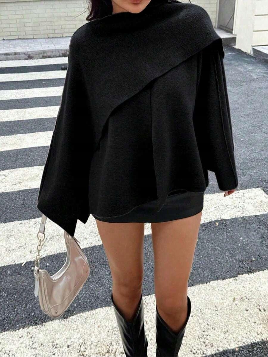 Shein Černé Pončo Dlouhý Rukáv 05L S06__L