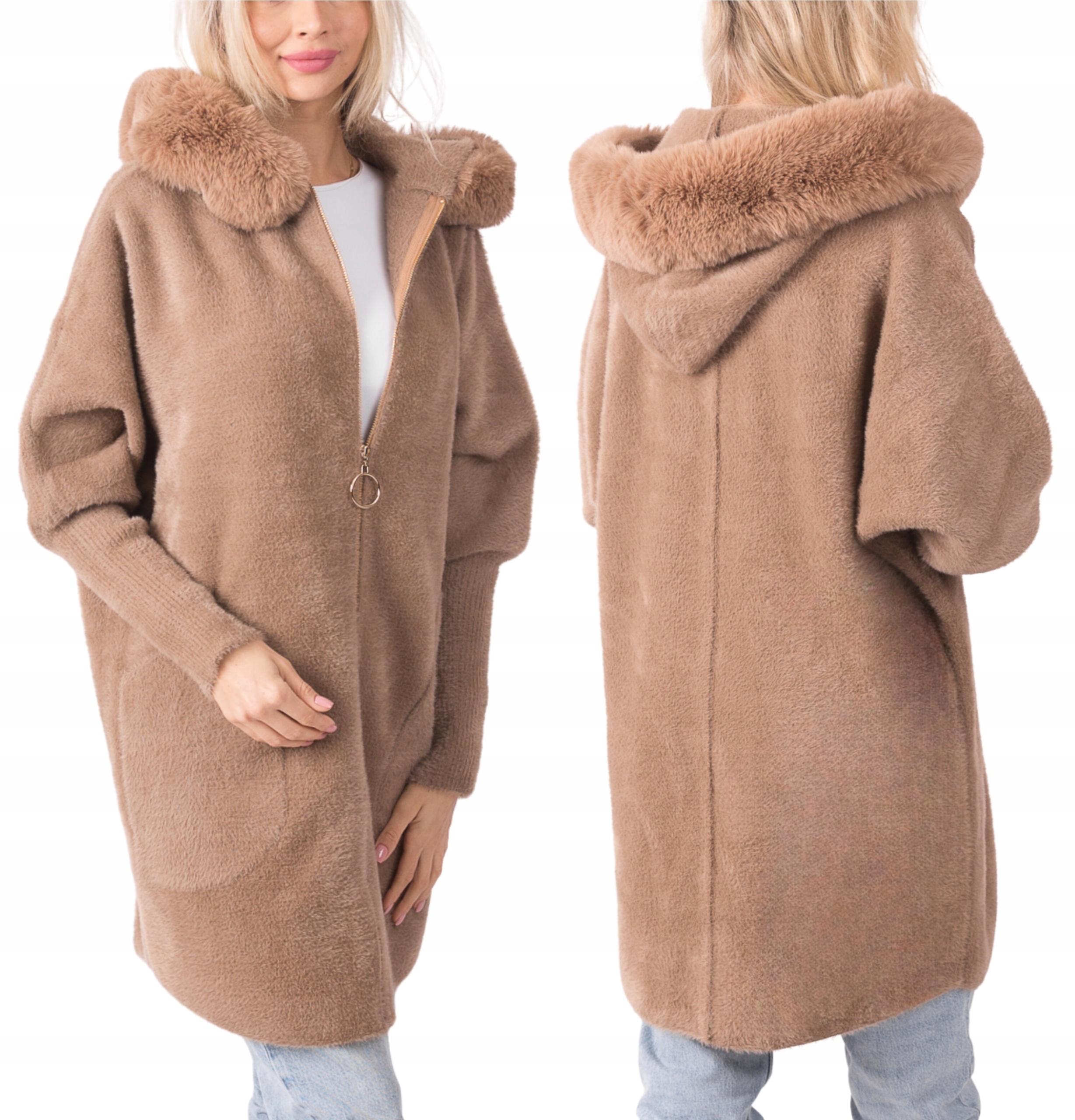 Alpaka Dámský Zimní Kabát S Dlouhou Kapuce Zip Vlna Kožíšek Camel