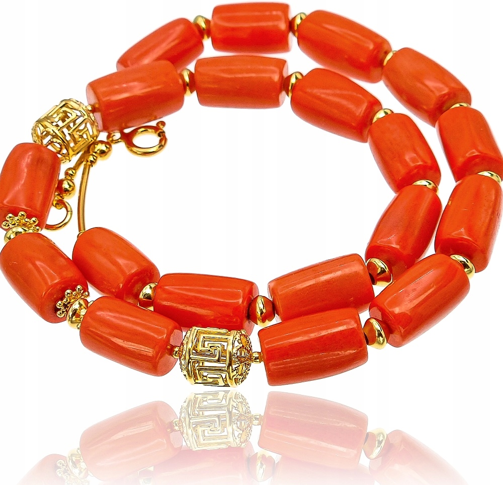 Krásný náhrdelník Přírodní korál Stříbro Pozlacený Certifikát Krabička