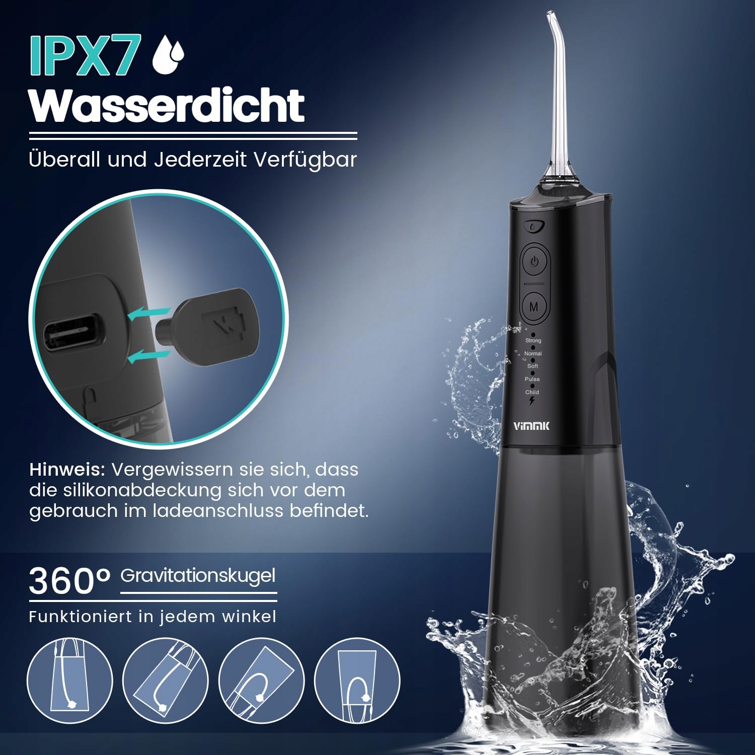 VIMMK Bezprzewodowy Irygator Do Zębów 5 Trybów 8 Dysz IPX7 300ML USB-C — miniatura 6