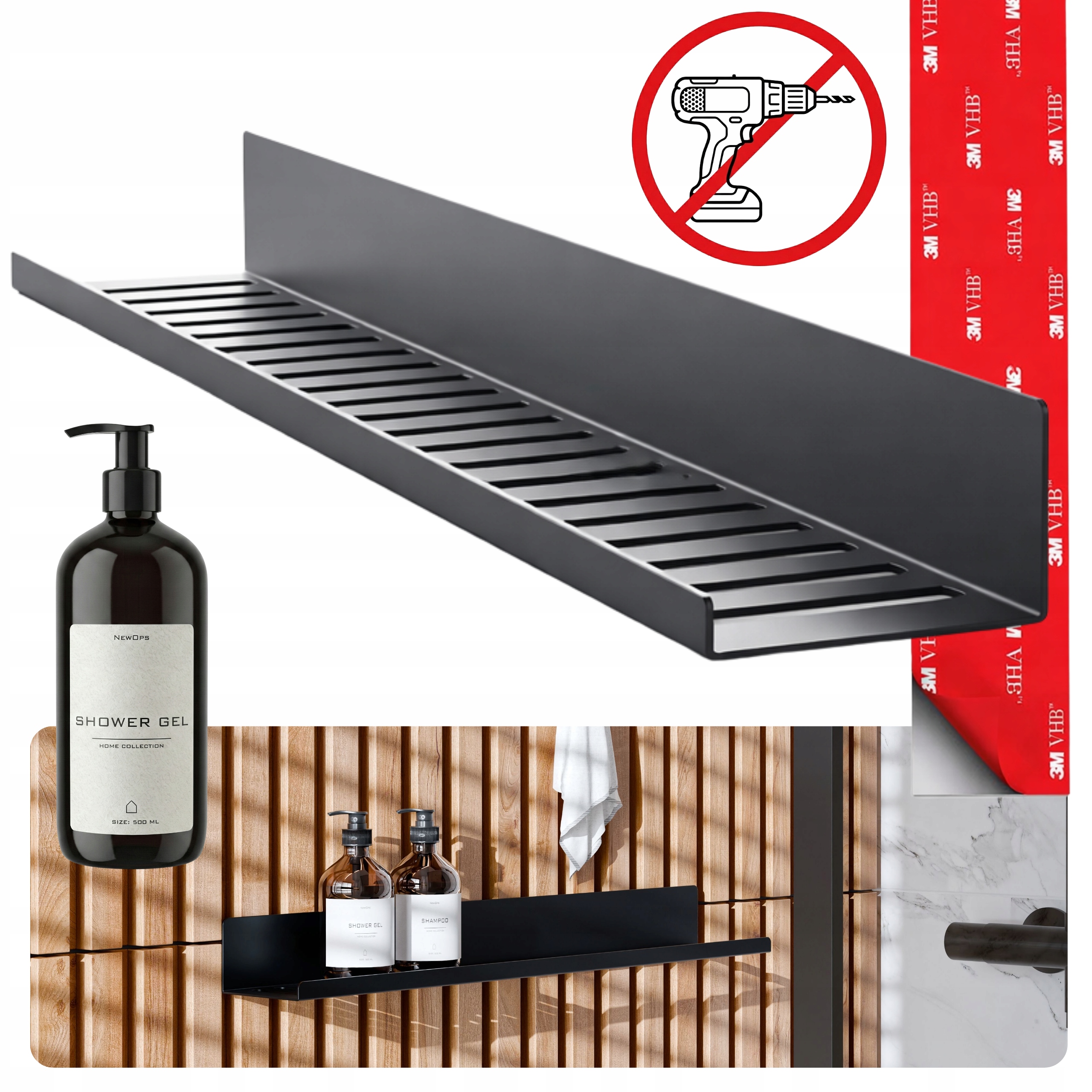 Sprchová Polička Nexa 60 cm Bezinvazivní Bez Vrtání 3M Vhb Láhev