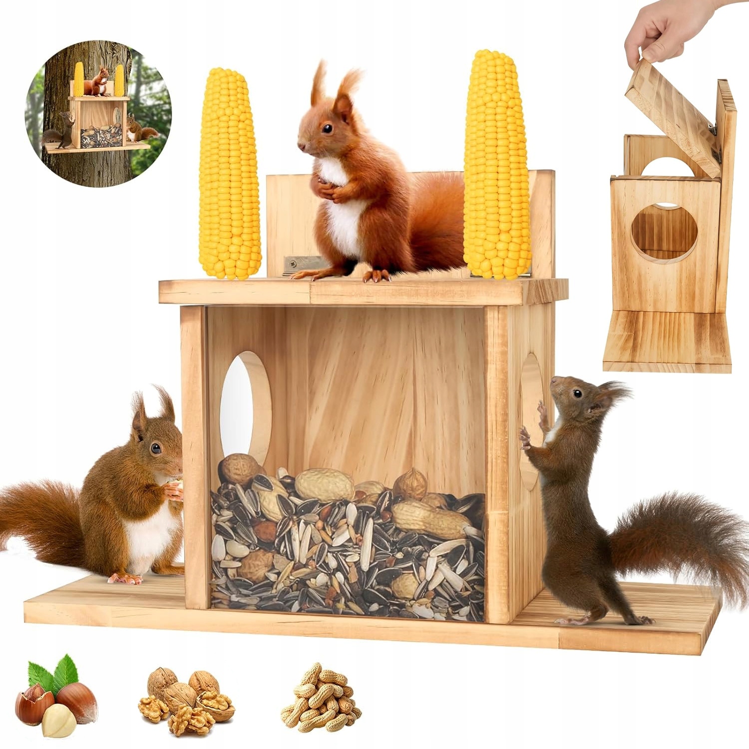 Levně Krmítko pro veverky Dřevěné krmítko z kukuřice a arašídů