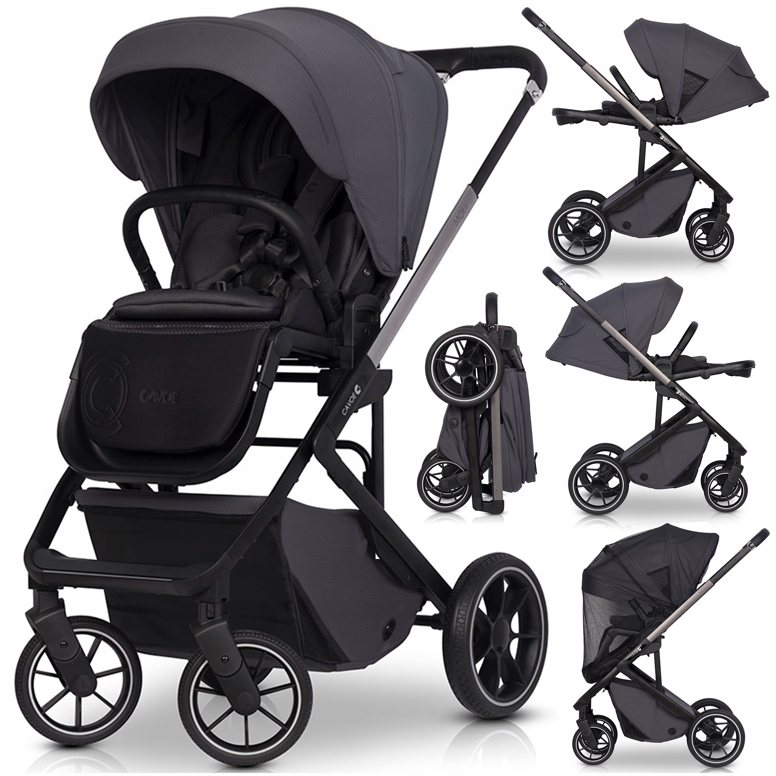 Lekki Wózek Spacerowy Moi+ Przekładane Siedzisko Duże Koła 0-22KG Akcesoria