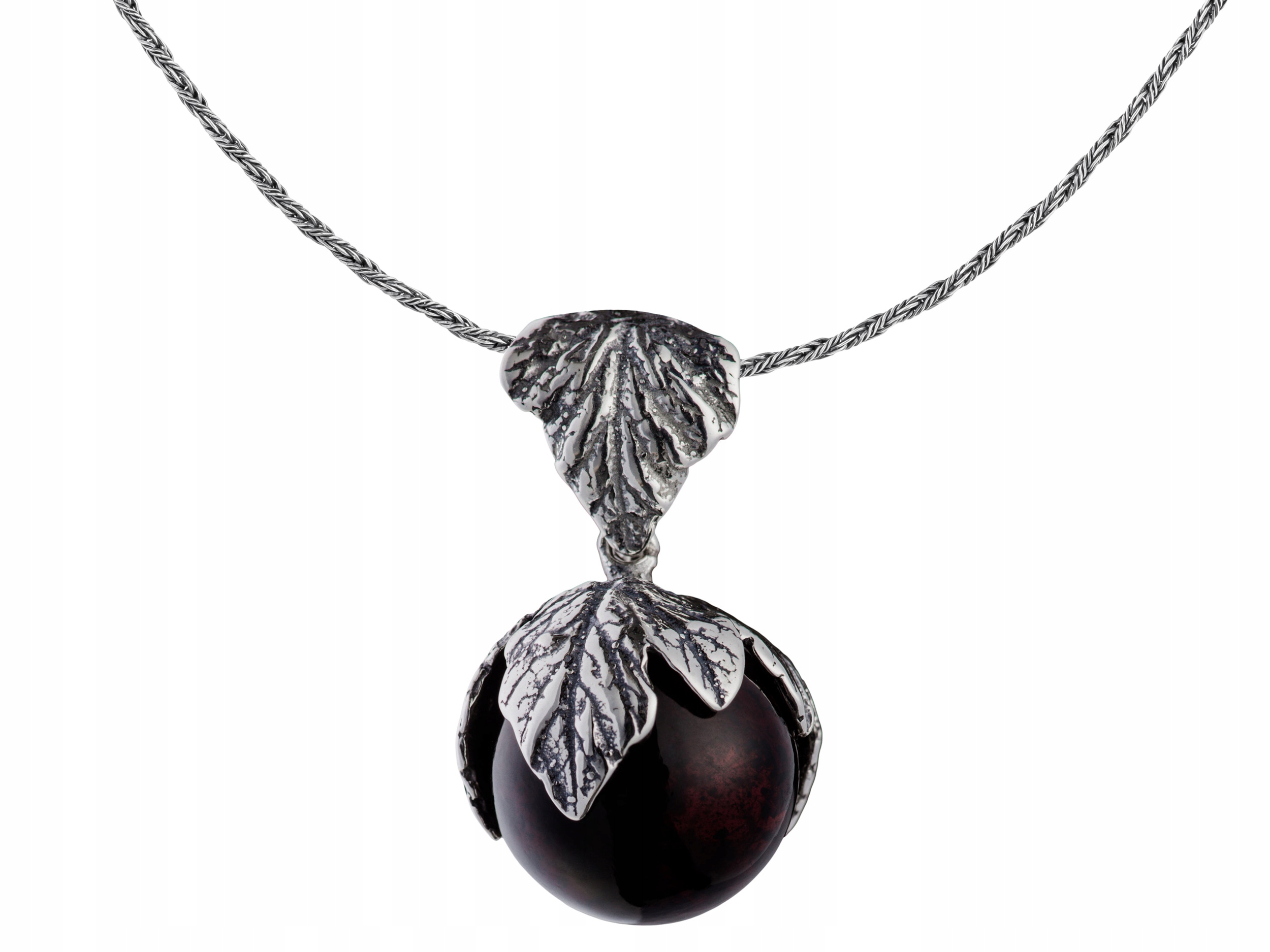 Dlouhý Stříbrný Dámský Náhrdelník Jantarová Koule Lístek List Kulička 75 cm