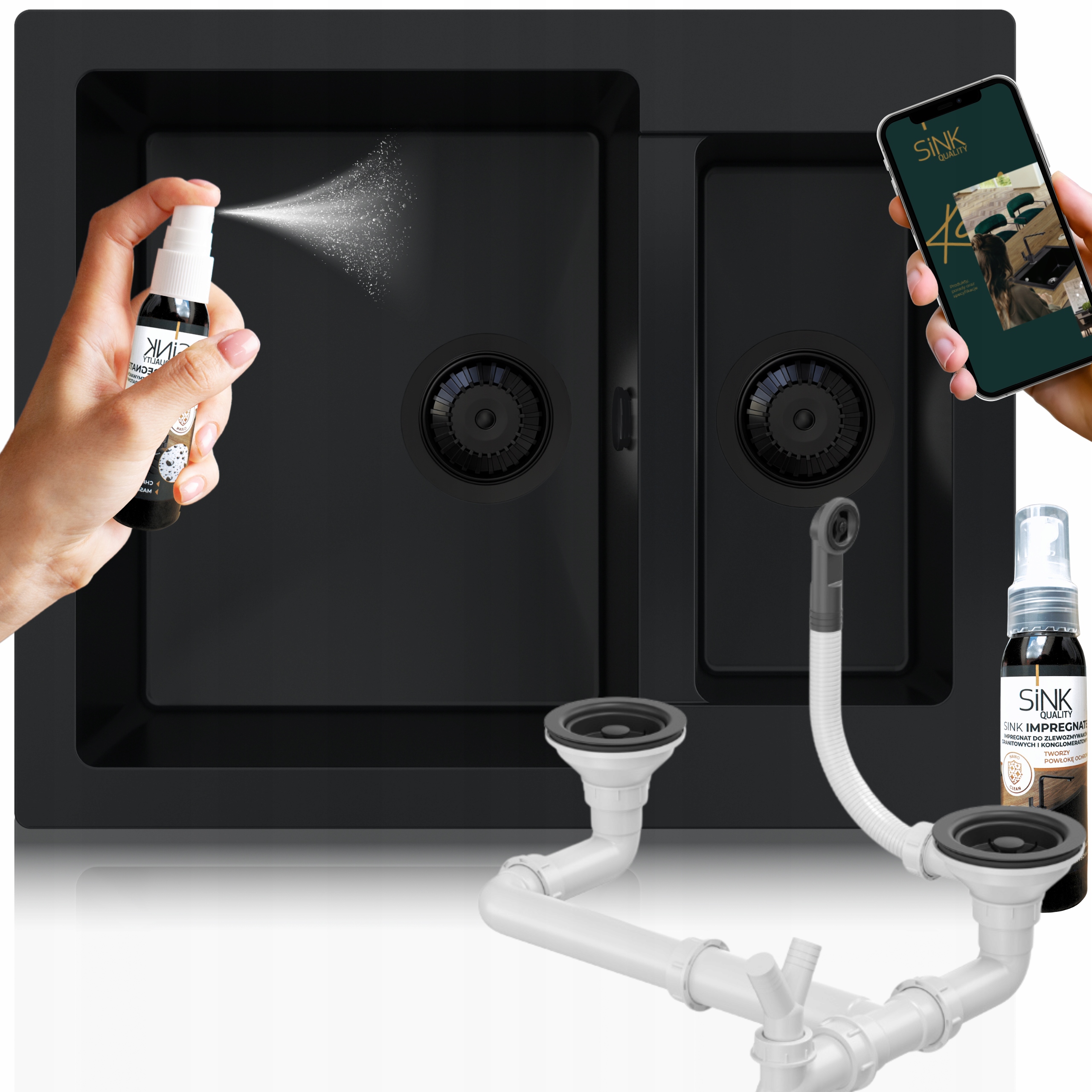 Granitový Drez S Polovičným Morom, Čierny S Čiernym Sifónom Impregnácia