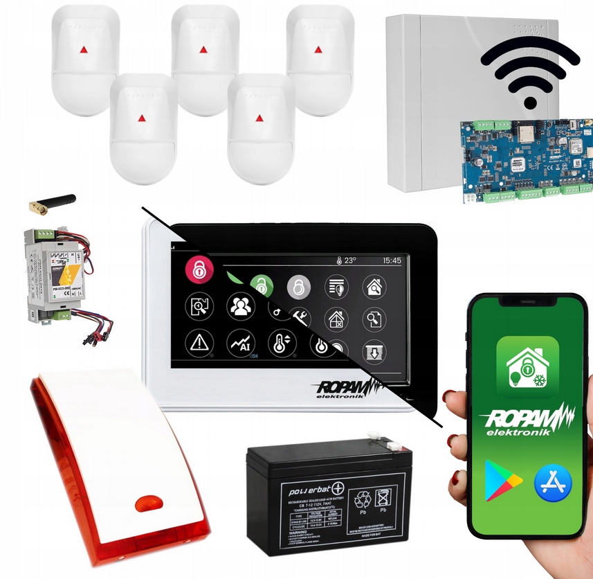 ZESTAW ALARMOWY Z MODUŁEM WIFI GSM DOTYKOWY MANIPULATOR 5 CZUJNIKÓW RUCHU